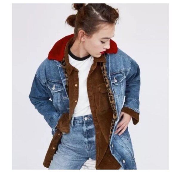 Zara Jackets & Blazers - ZARA Oversized Denim Jacket with Red Faux Fur Collar and Leopard Interior‎